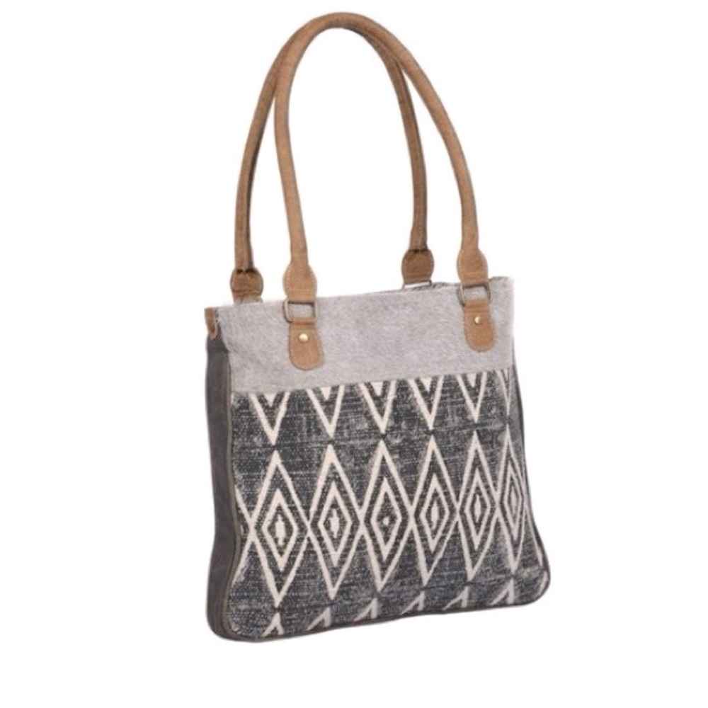 Myra Bag Traffic Cone Handbag Tote Canvas, Leather & Calf hair 12”x13”